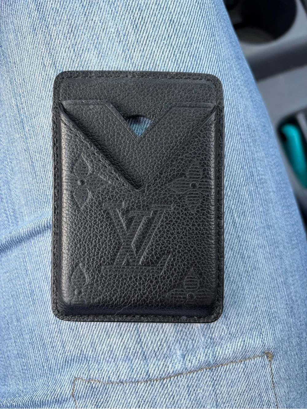 Louis Vuitton Black Embossed Leather Card Magnetic holder.